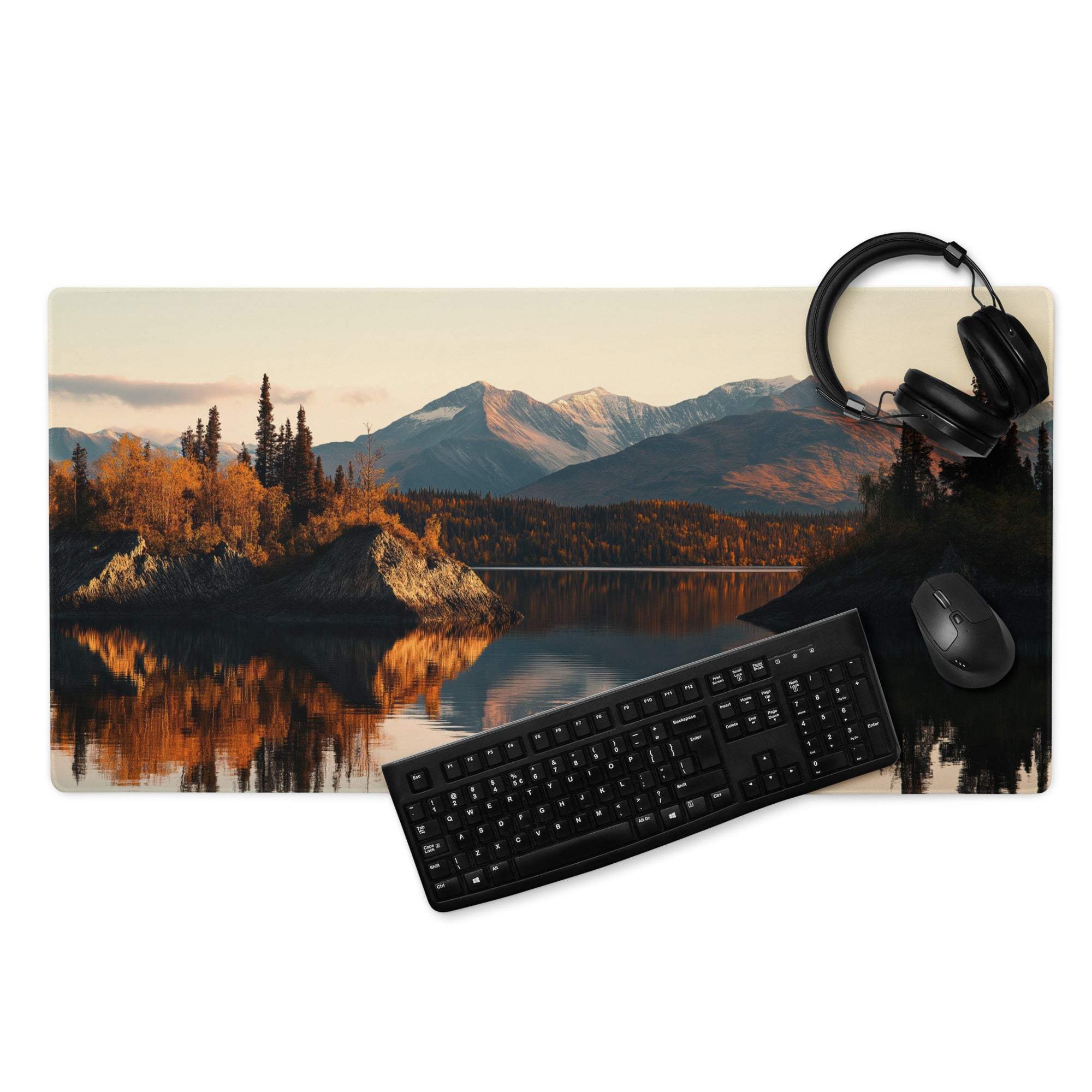 Scenic mountain lake gaming mouse pad with autumn trees and snow peaks