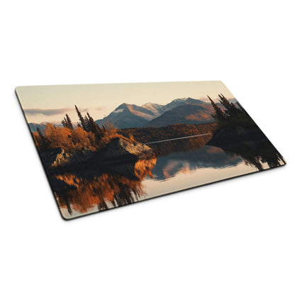 Scenic mountain lake glass cutting board with autumn trees, snow peaks