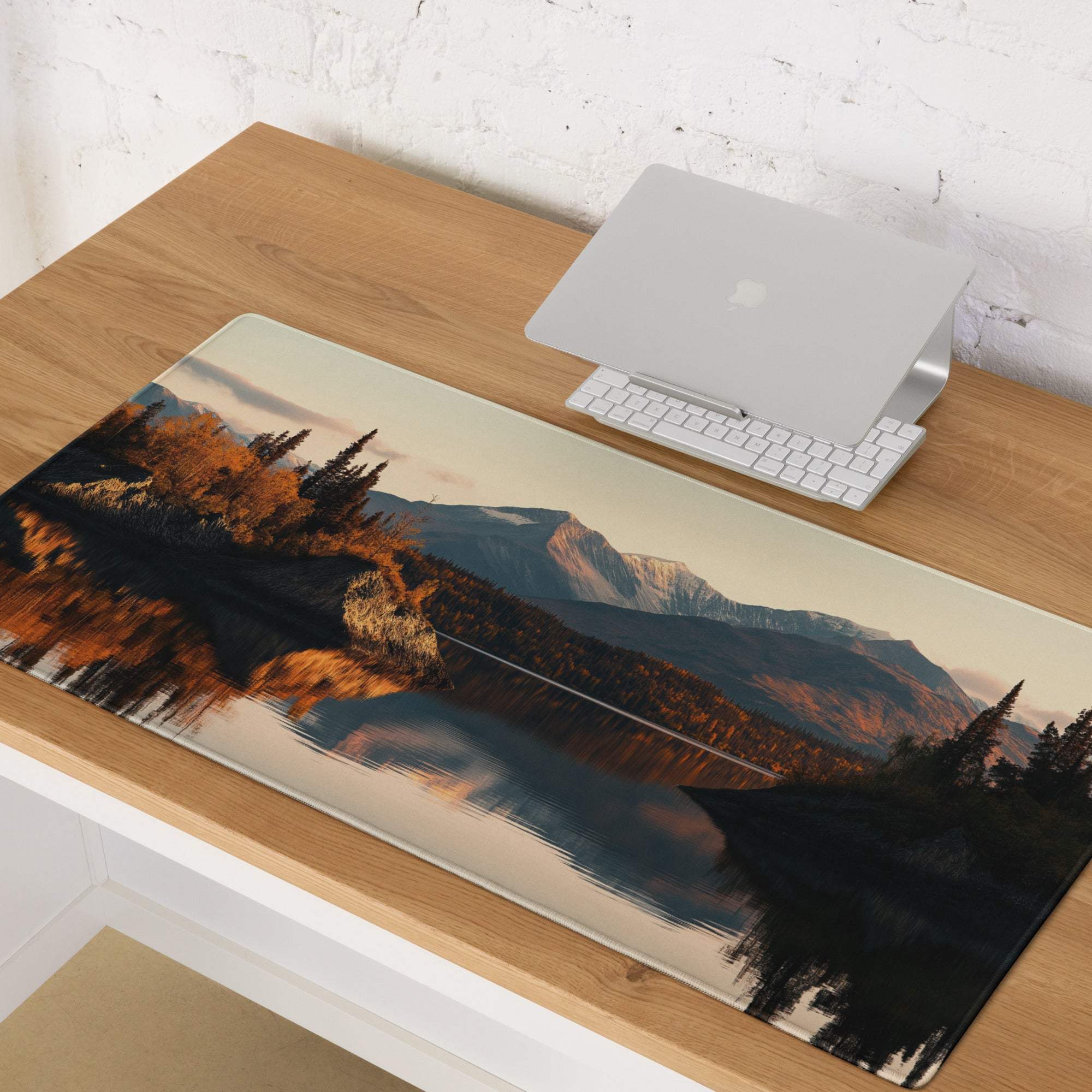 Large scenic mountain landscape gaming mouse pad with autumn trees, golden hour reflection, non-slip stitched edges