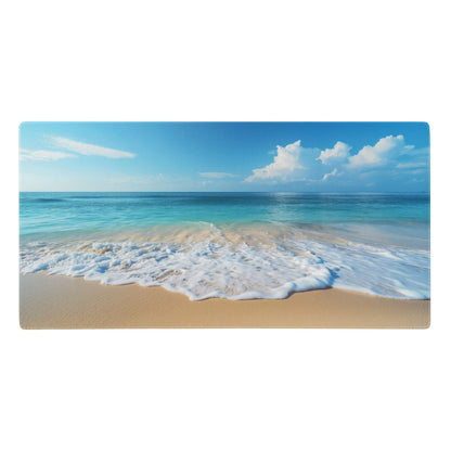 Calm ocean blue desk pad featuring turquoise waves and golden sand under a bright blue sky for coastal home office use