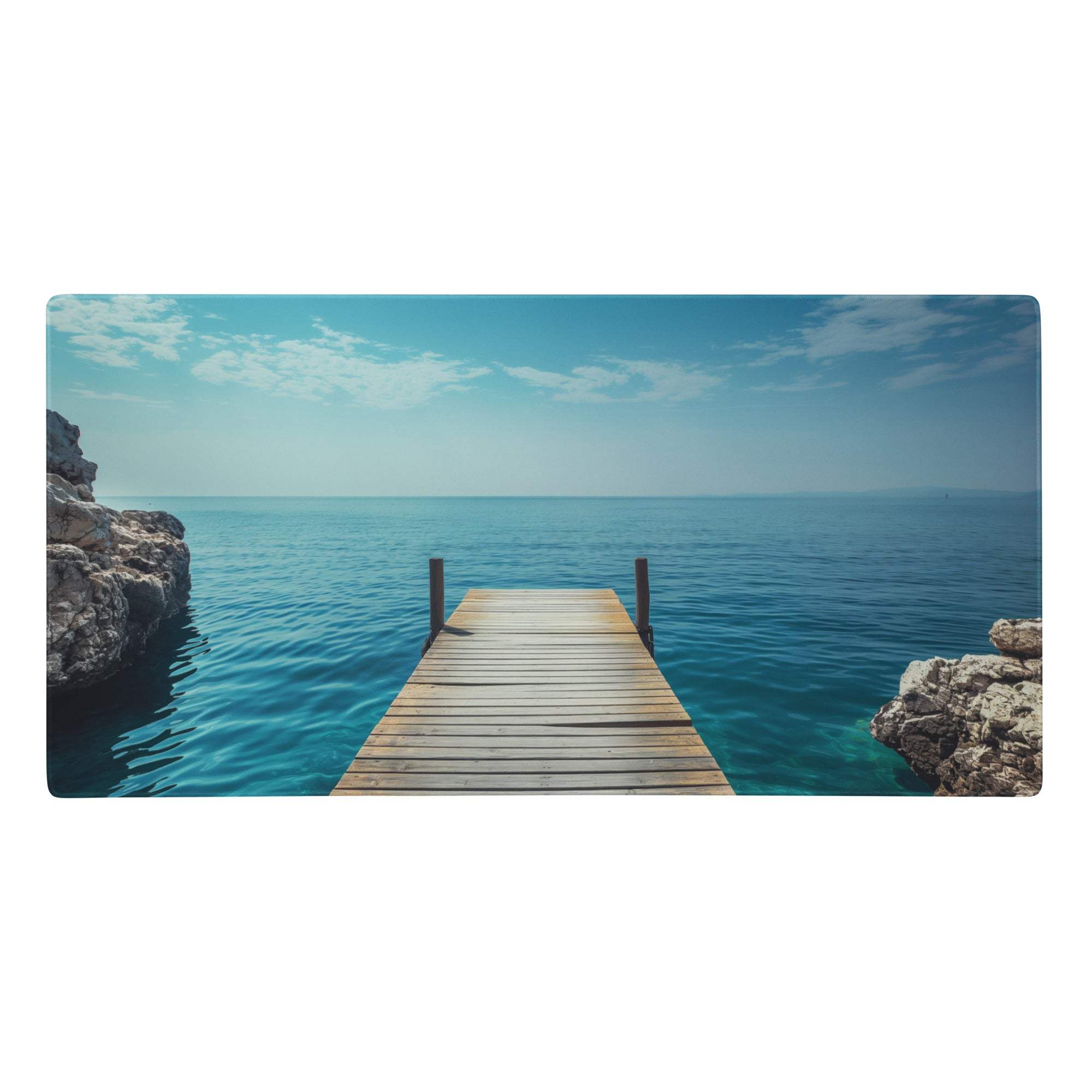 Rectangular calm ocean dock desktop mouse pad featuring a wooden dock over turquoise waters with blue sky background