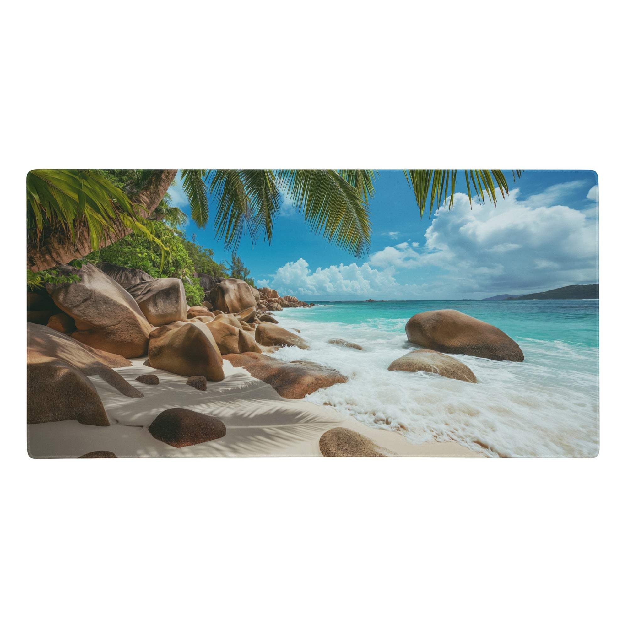 Ocean breeze beach scene mouse pad with turquoise ocean white sand large brown rocks and palm fronds under blue sky