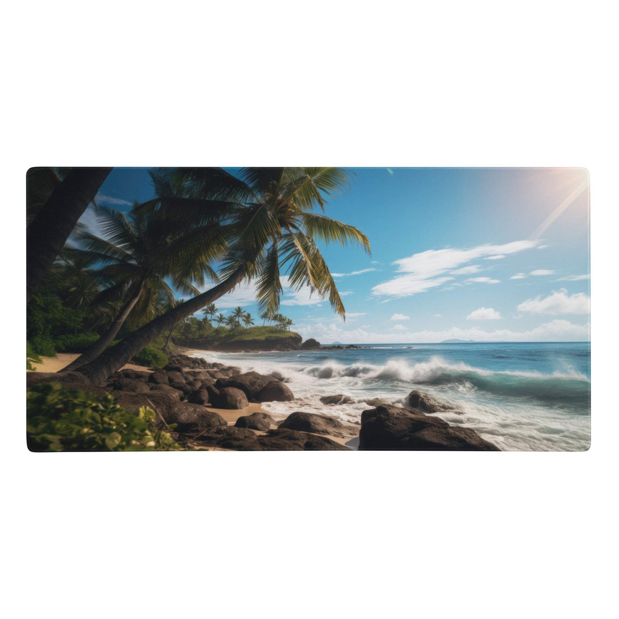 Tropical beach paradise mouse pad featuring palm trees and turquoise waves under a bright blue sky for gaming and desk use