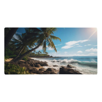 Tropical beach paradise mouse pad featuring palm trees and turquoise waves under a bright blue sky for gaming and desk use
