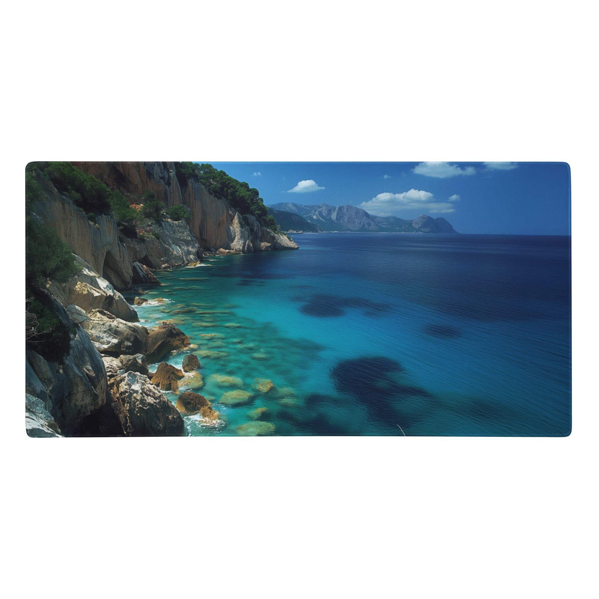 Rectangular oceanic calm gaming mouse pad with vivid turquoise coastal scene on smooth fabric for desk use