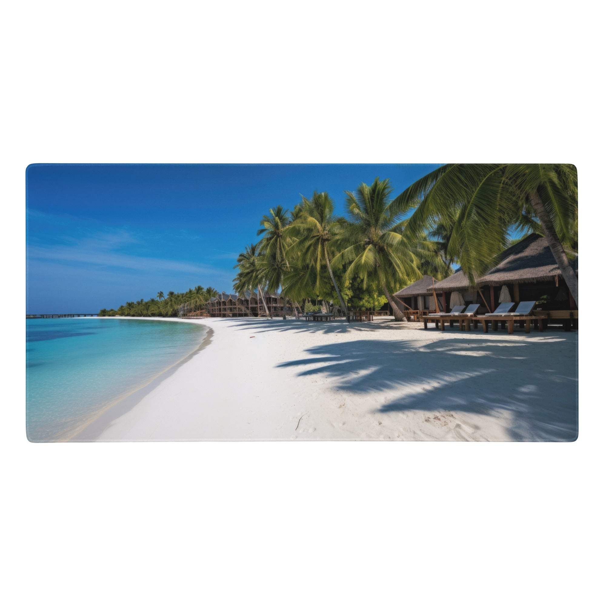 Tropical beach paradise desk pad featuring a vibrant turquoise water white sand and palm trees coastal photo print