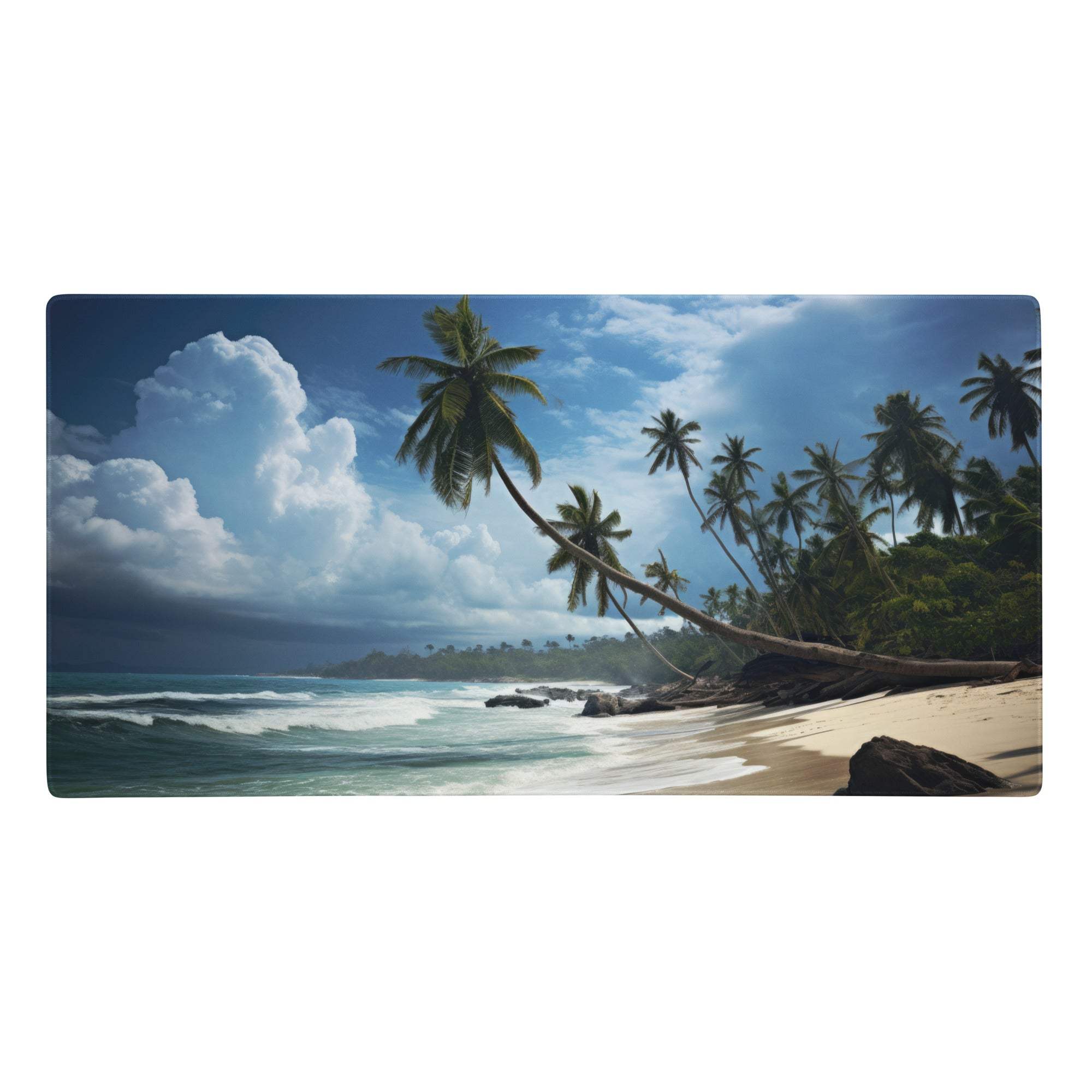 Tropical palm paradise gaming pad featuring a vibrant beach scene with green palms turquoise ocean and blue sky