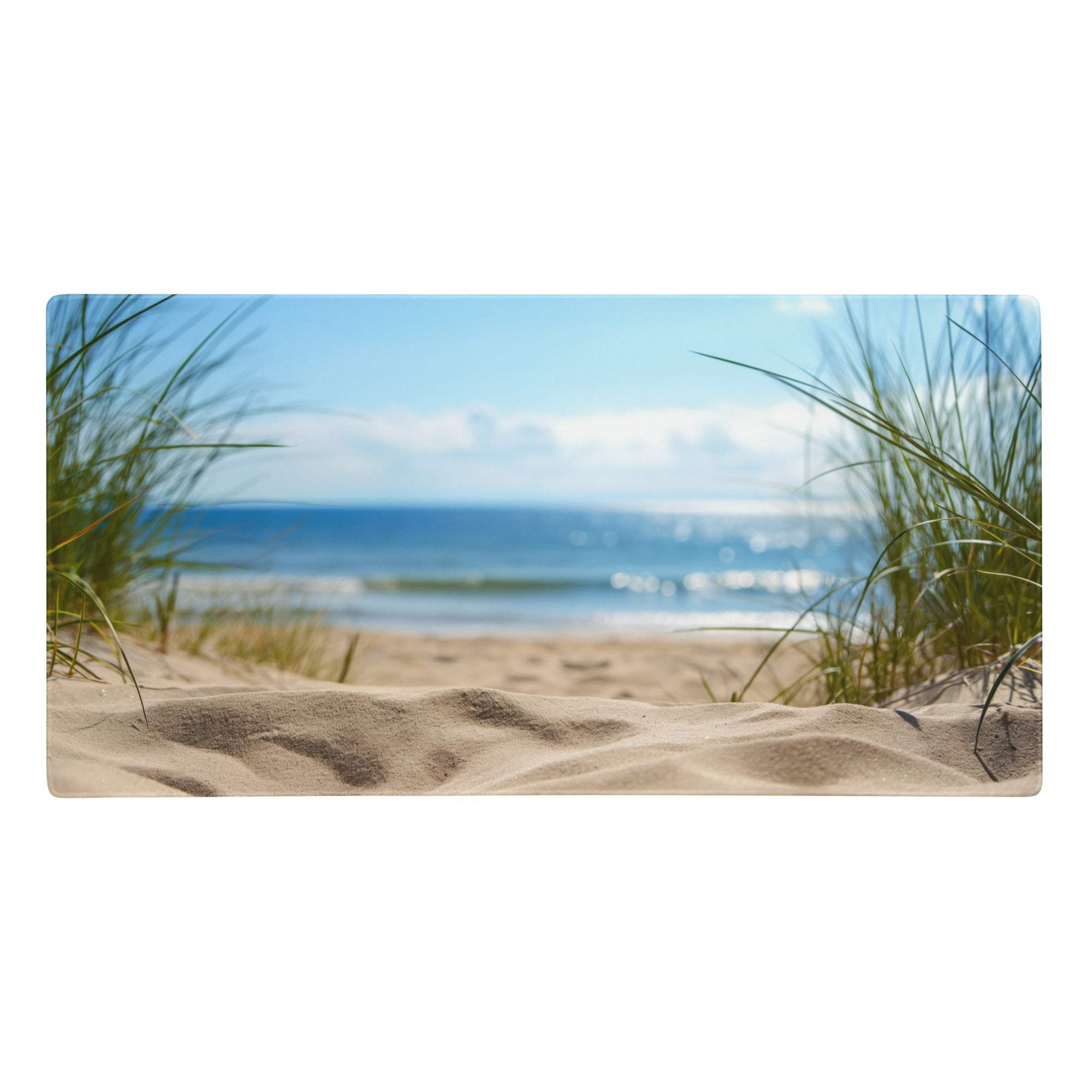 Coastal blue beach pad mouse pad with beige textured sand and green grass design for gaming and desk decor