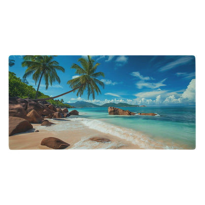 Rectangular tropical beach mouse pad featuring vibrant turquoise water sandy shore and green palm trees blue sky
