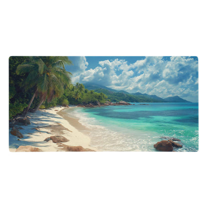 Tropical beach scene mouse pad with photorealistic turquoise water white sand and green palm trees for gaming desk use