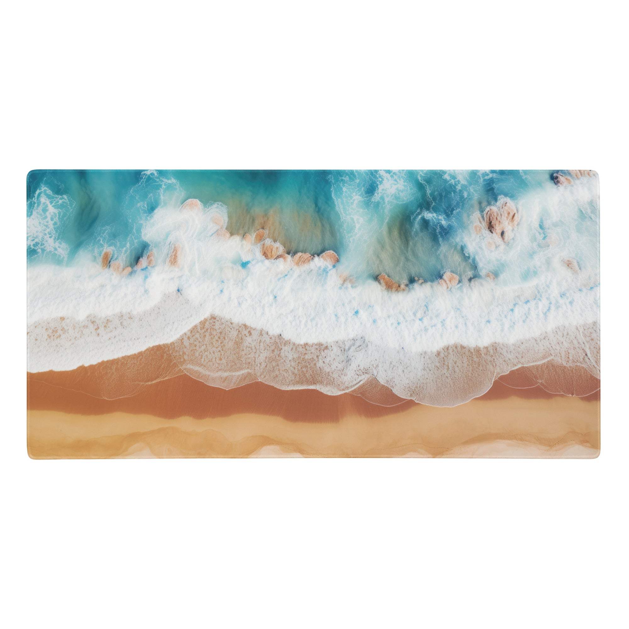 Blue ocean aerial beach mouse pad with vibrant turquoise ocean and white foam on golden sand for gaming desk use