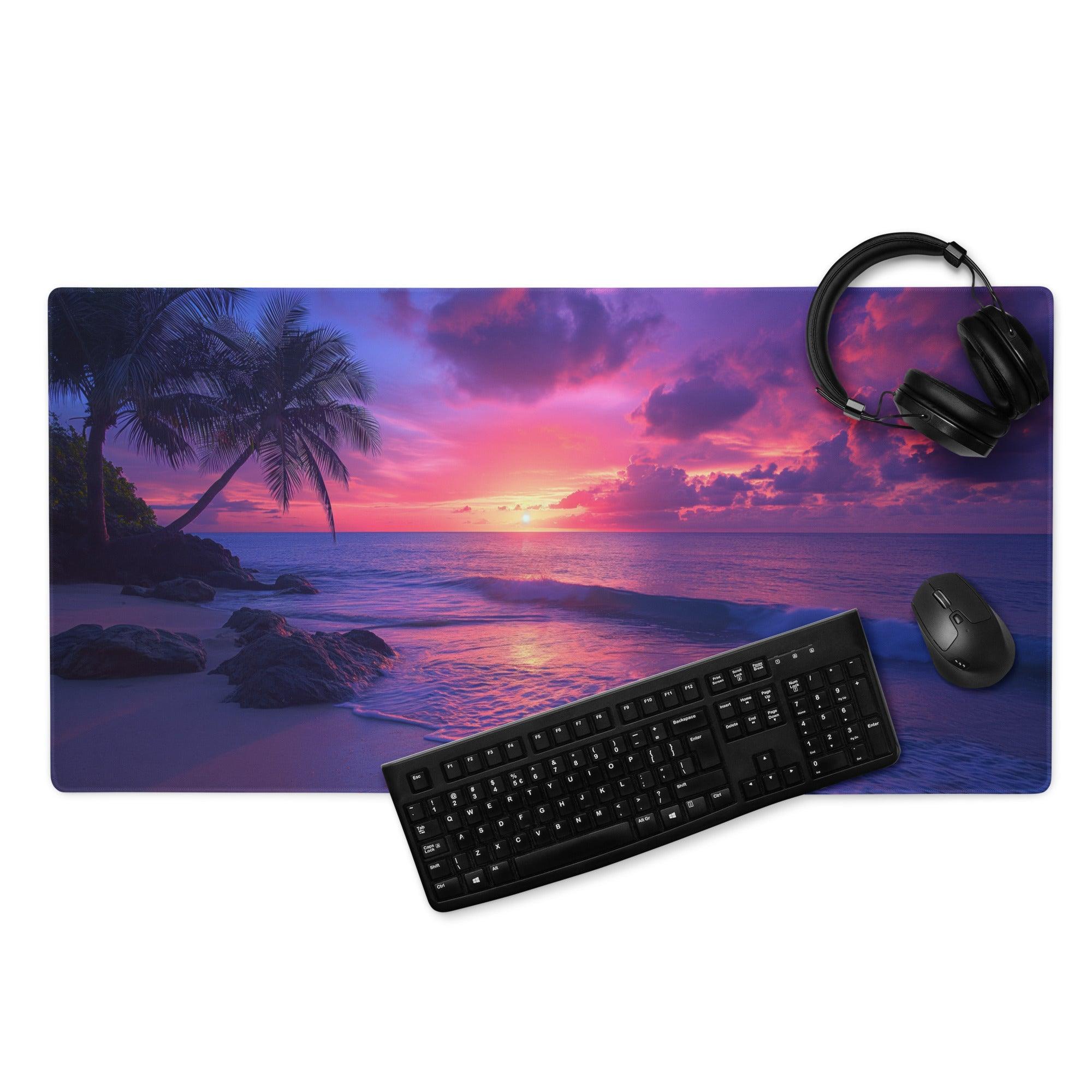 Vibrant sunset ocean gaming mouse pad with beach scene, non-slip backing