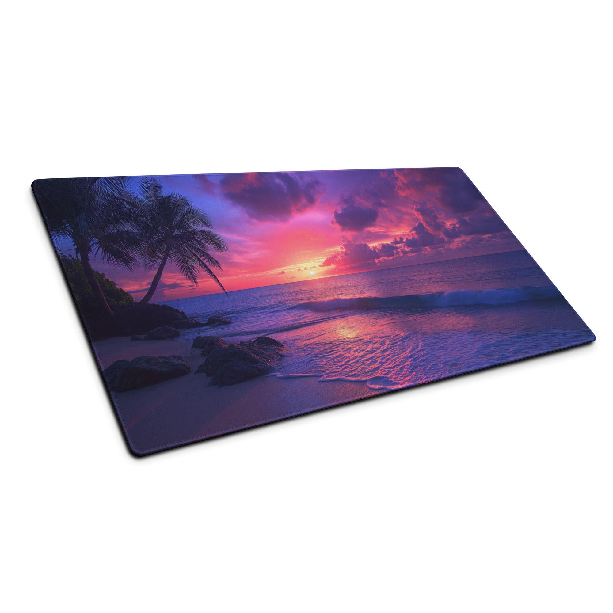 Vibrant purple pink sunset beach mat mouse pad with palm silhouettes, large non-slip gaming pad
