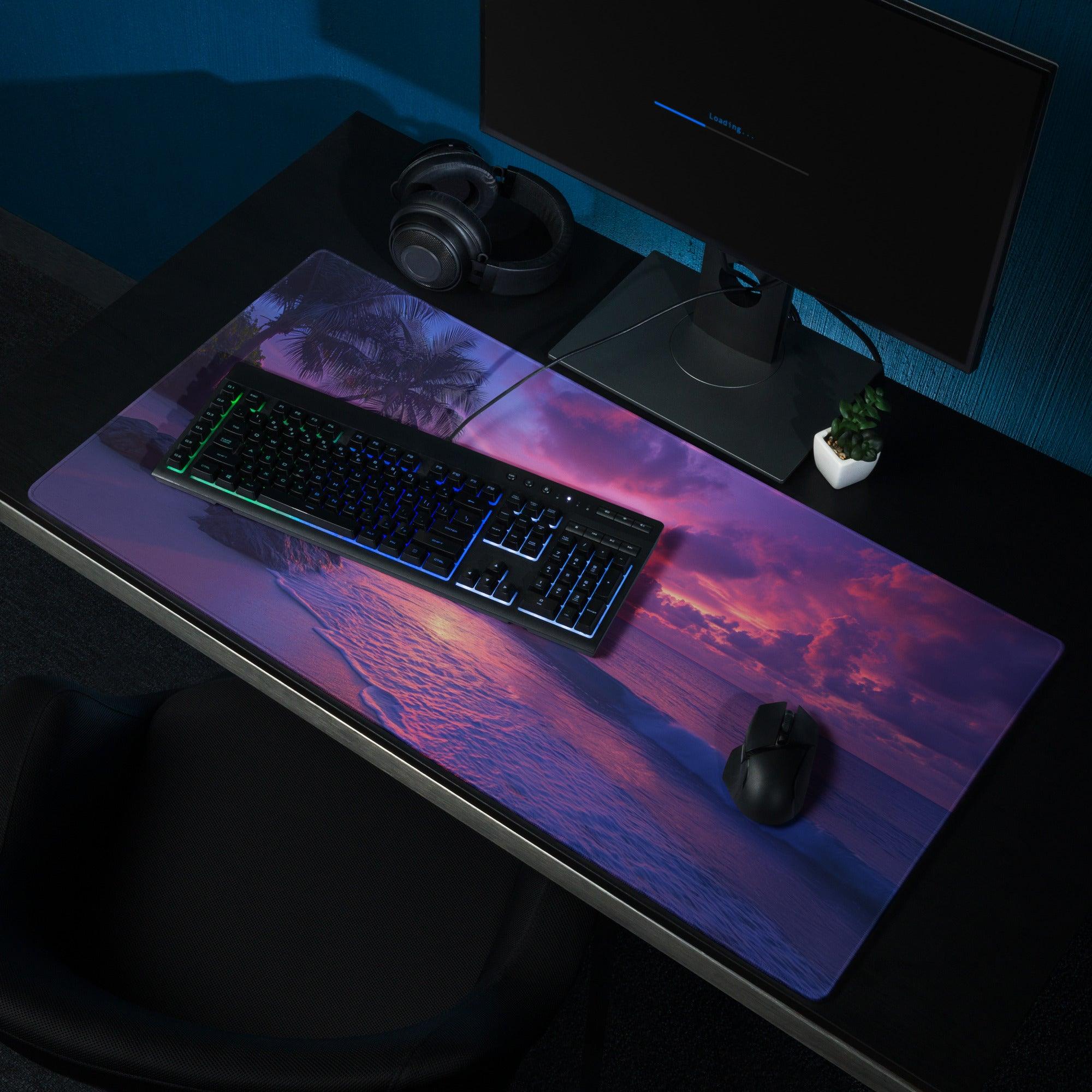 Purple pink sunset beach gaming mousepad with palm tree silhouette