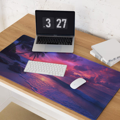 Vibrant purple pink sunset beach on large gaming mouse pad with non-slip backing