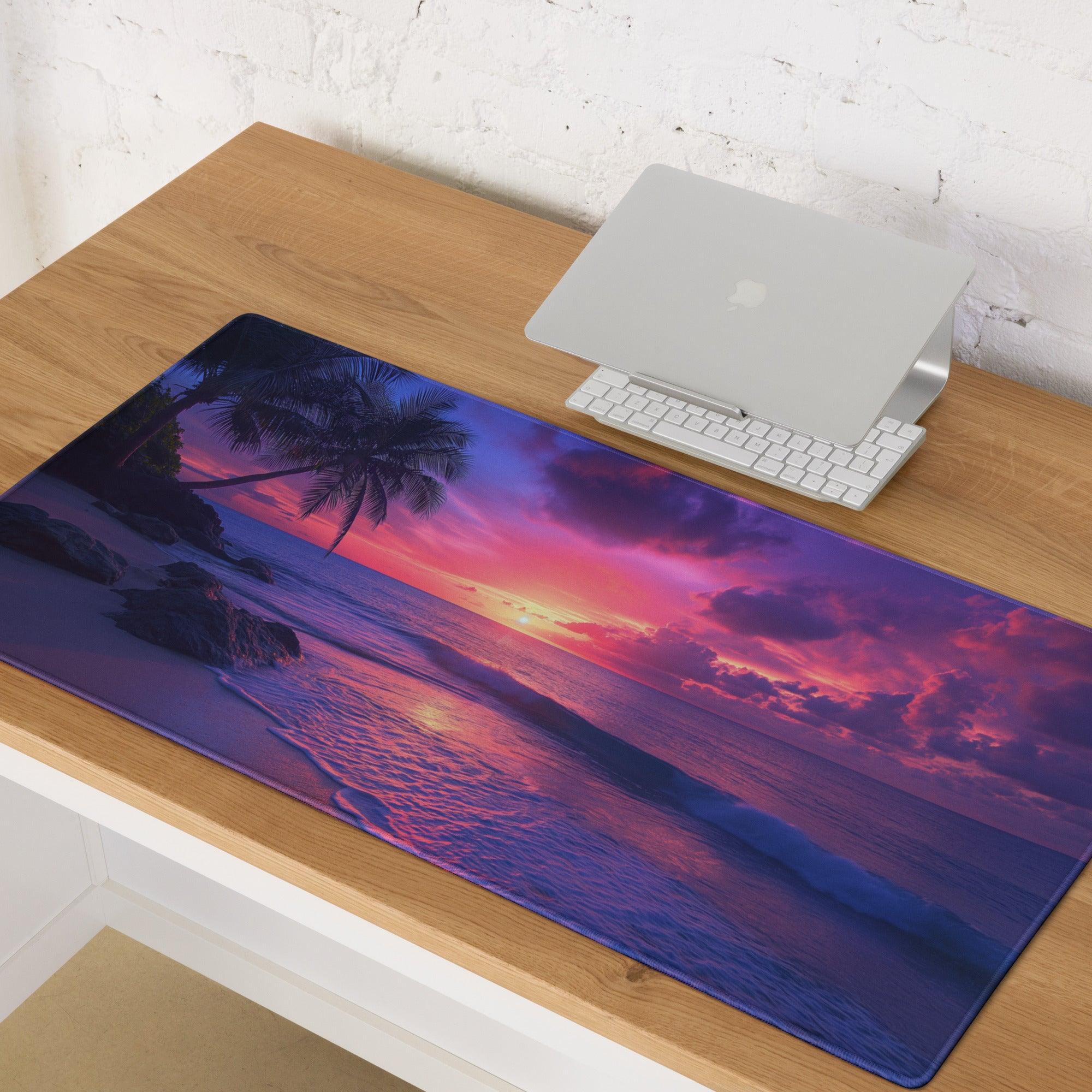 Vibrant sunset ocean gaming mouse pad with palm trees, waves, non-slip backing