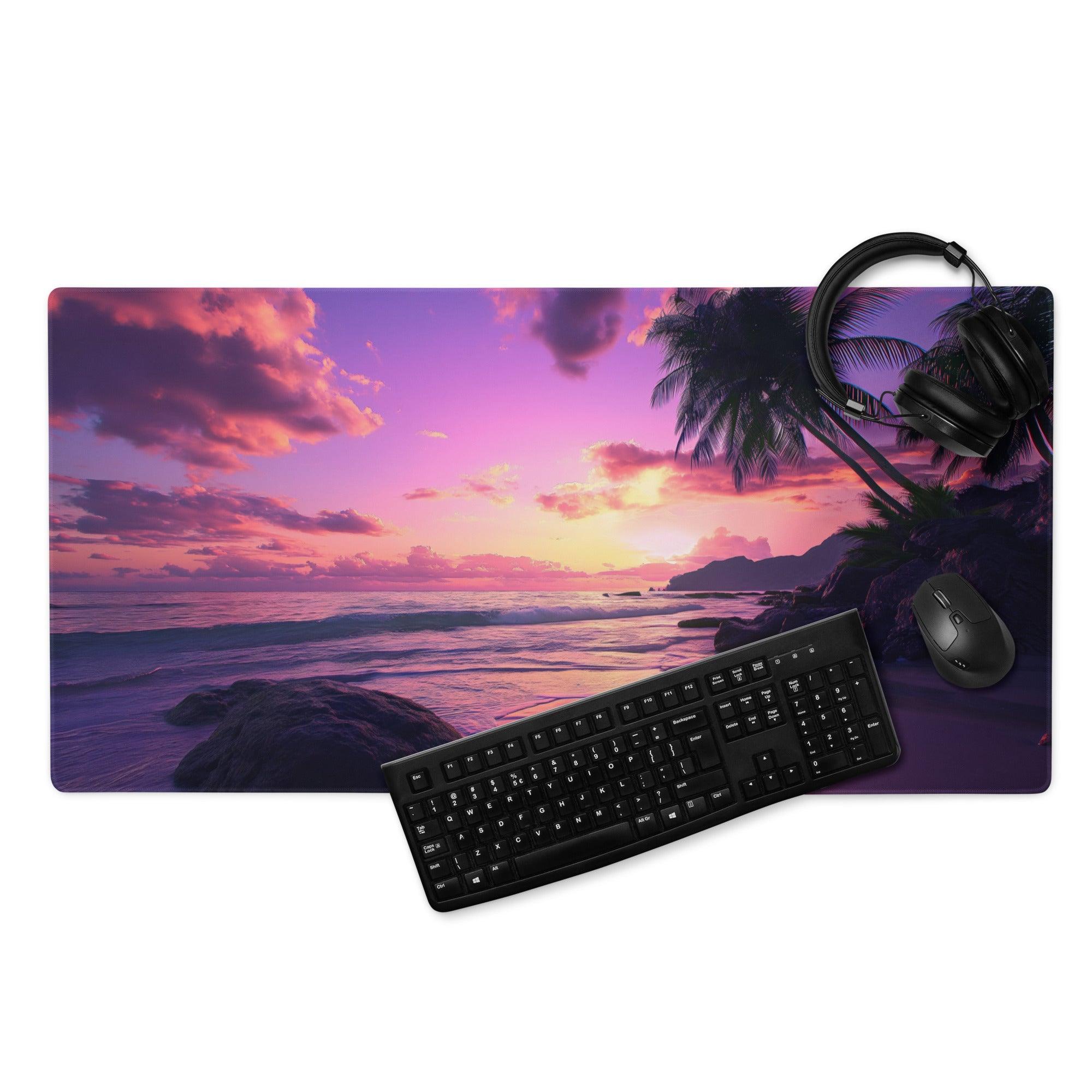 Vibrant sunset beach gaming mouse pad with pink clouds, palms, waves, non-slip base