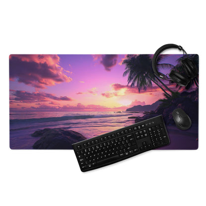 Vibrant sunset beach gaming mouse pad with pink clouds, palms, waves, non-slip base