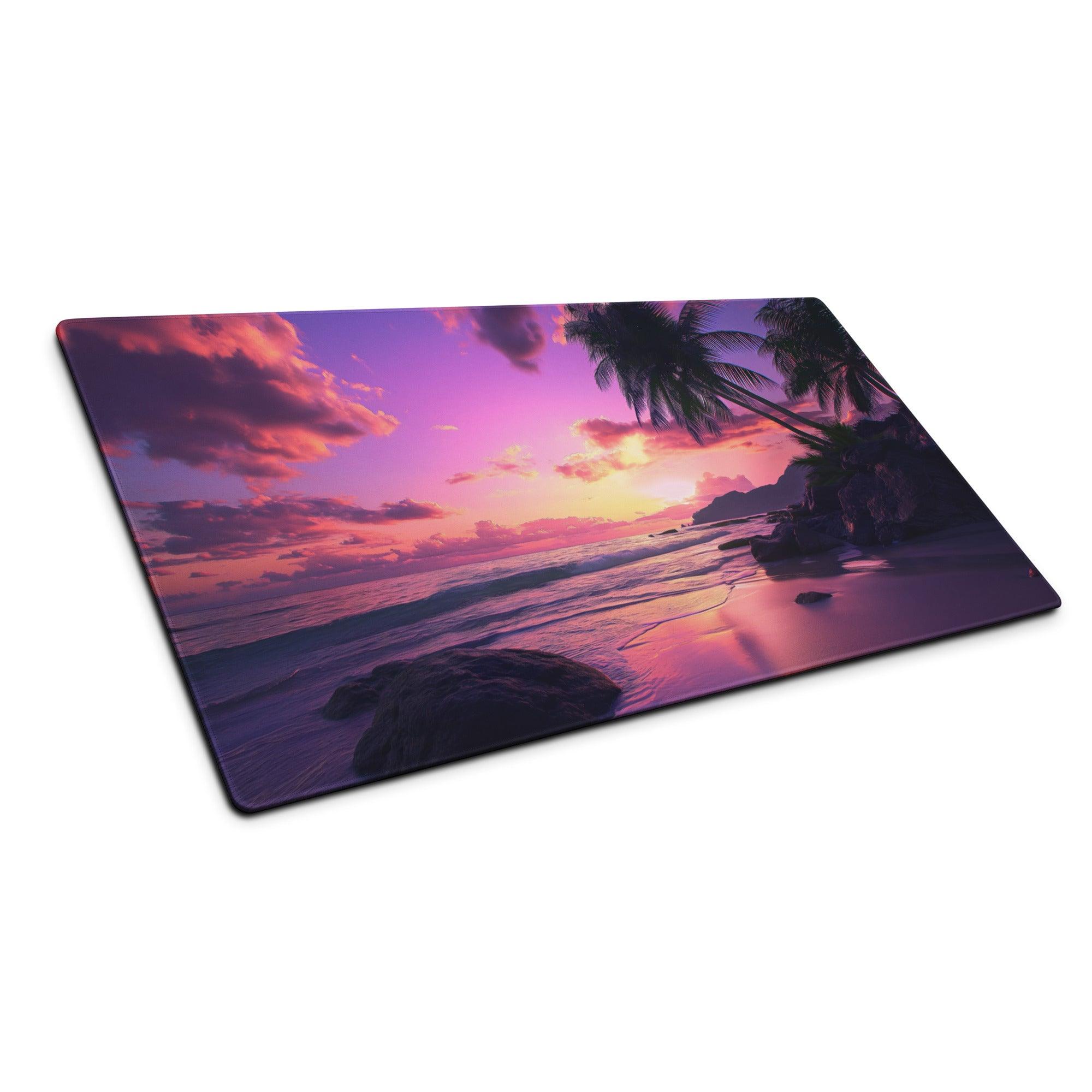 Vibrant sunset beach gaming mouse pad with purple pink orange hues palm silhouettes