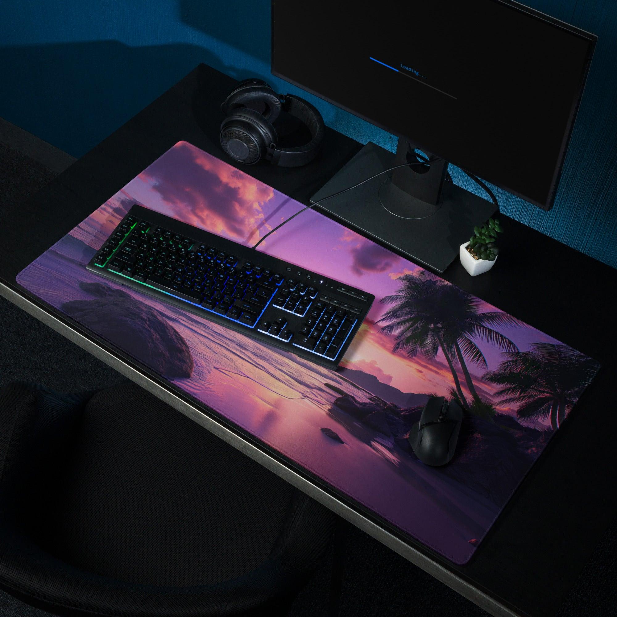 Vibrant purple pink sunset beach gaming mousepad with palm trees
