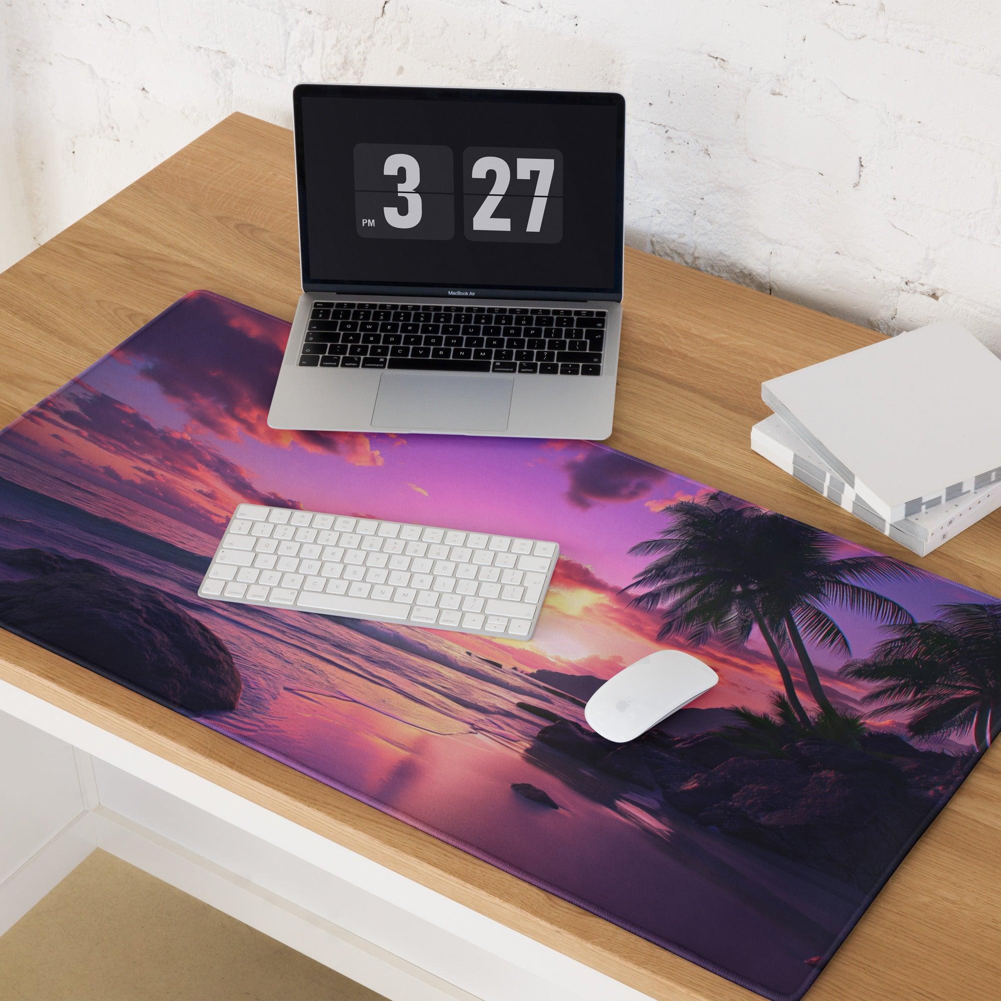 Vibrant purple pink sunset beach mousepad with palm trees rocks non-slip base