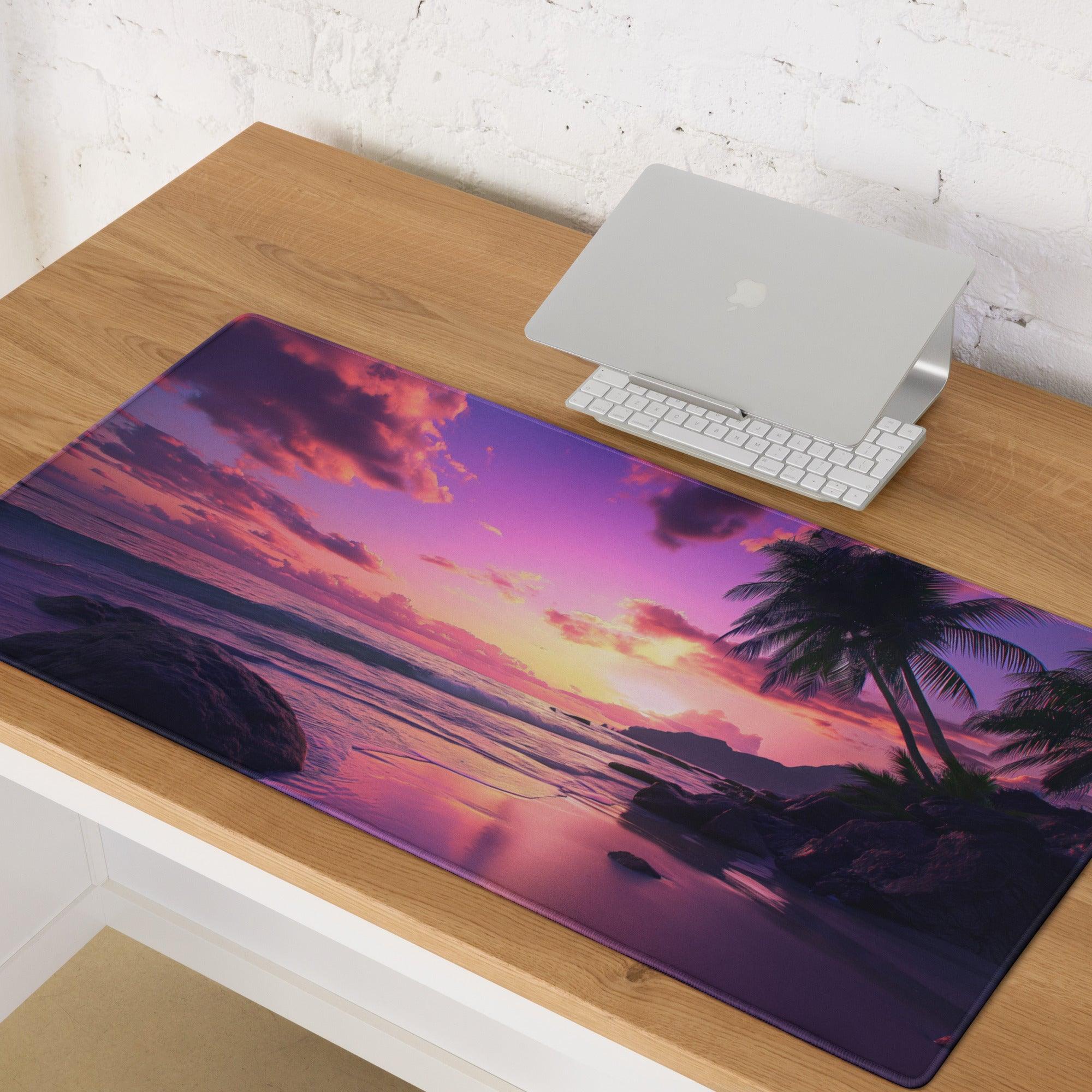 Vibrant purple pink sunset beach gaming mouse pad with non-slip base