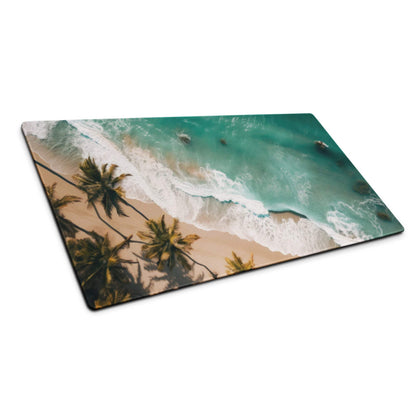 Tranquil oceanic beach aerial view rectangular cutting board with waves and palms