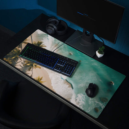 Tranquil Oceanic Beach aerial view gaming mouse pad with palm trees, waves, non-slip base