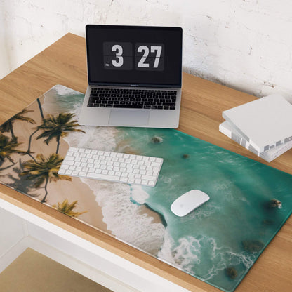 Beige turquoise beach desk mat with palm trees waves non-slip gaming mouse pad