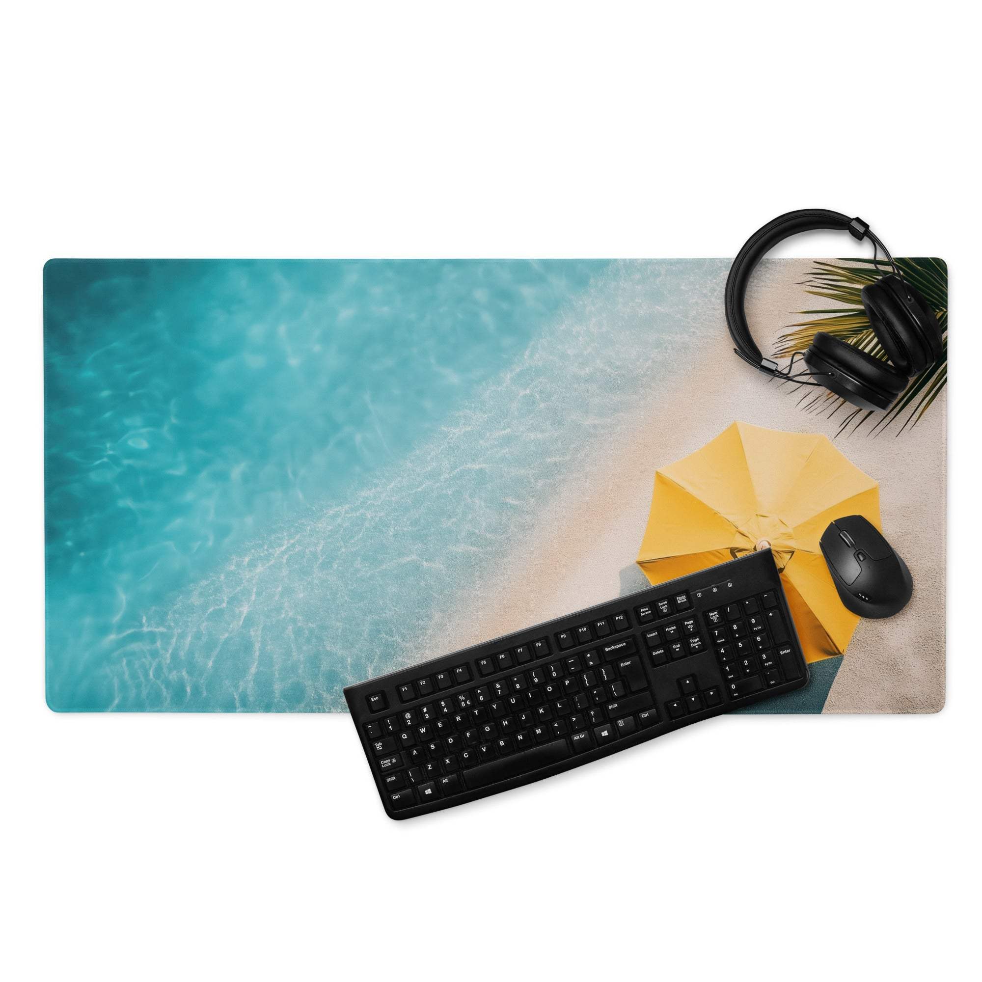 Oceanic Beach gaming mouse pad with turquoise ocean, beach, black peripherals