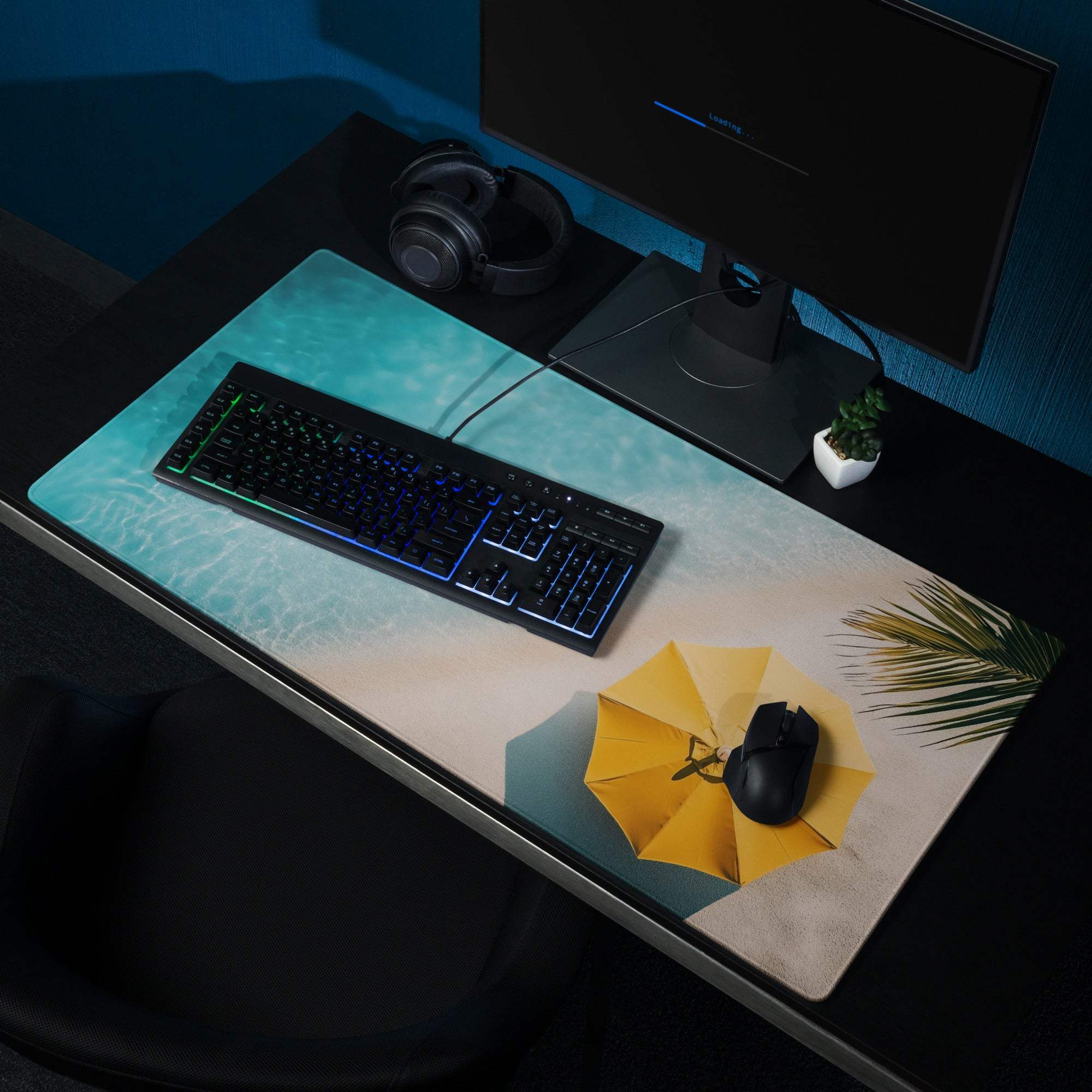 Oceanic Beach large gaming mouse pad with yellow umbrella, palm fronds, turquoise waves, non-slip backing, edge stitching