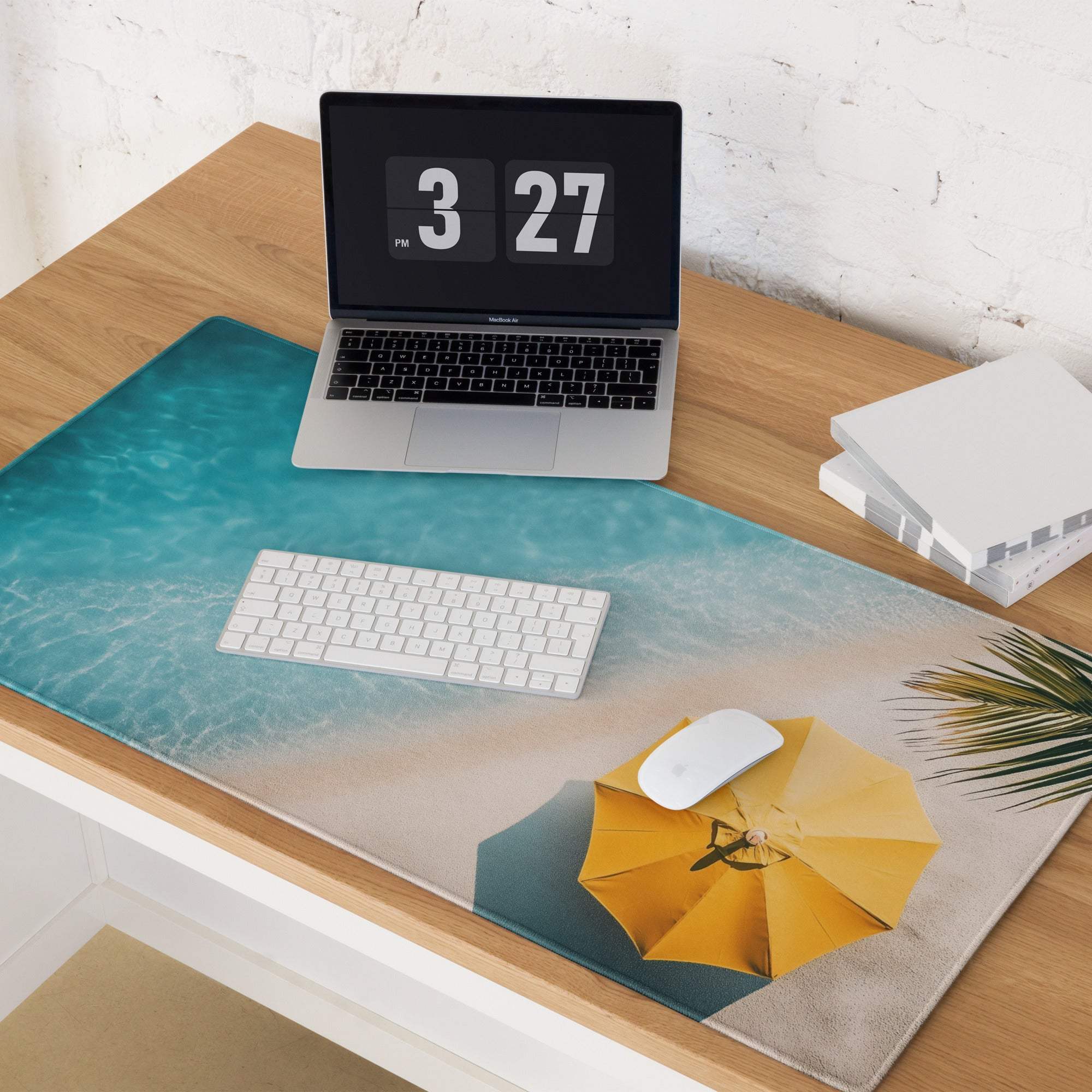 Beige teal ocean desk mat with yellow umbrella, large gaming mouse pad for Dota CSGO