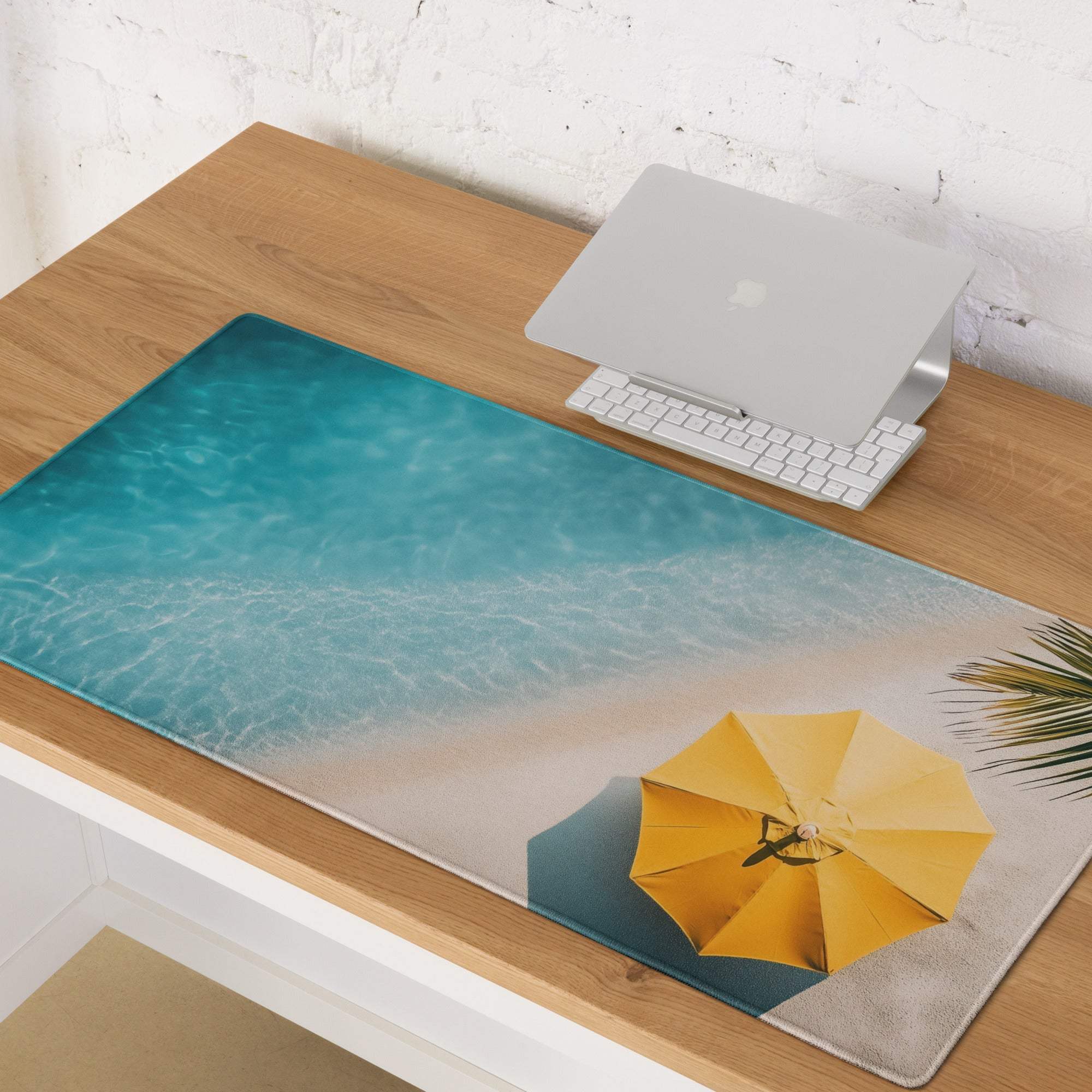 Oceanic Beach gaming mouse pad with turquoise water, sand, umbrella