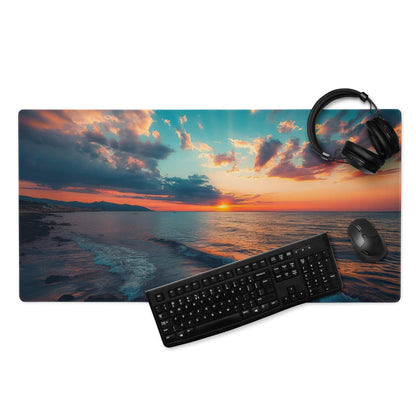 Calm ocean sunset gaming mouse pad with vibrant hues and non-slip backing