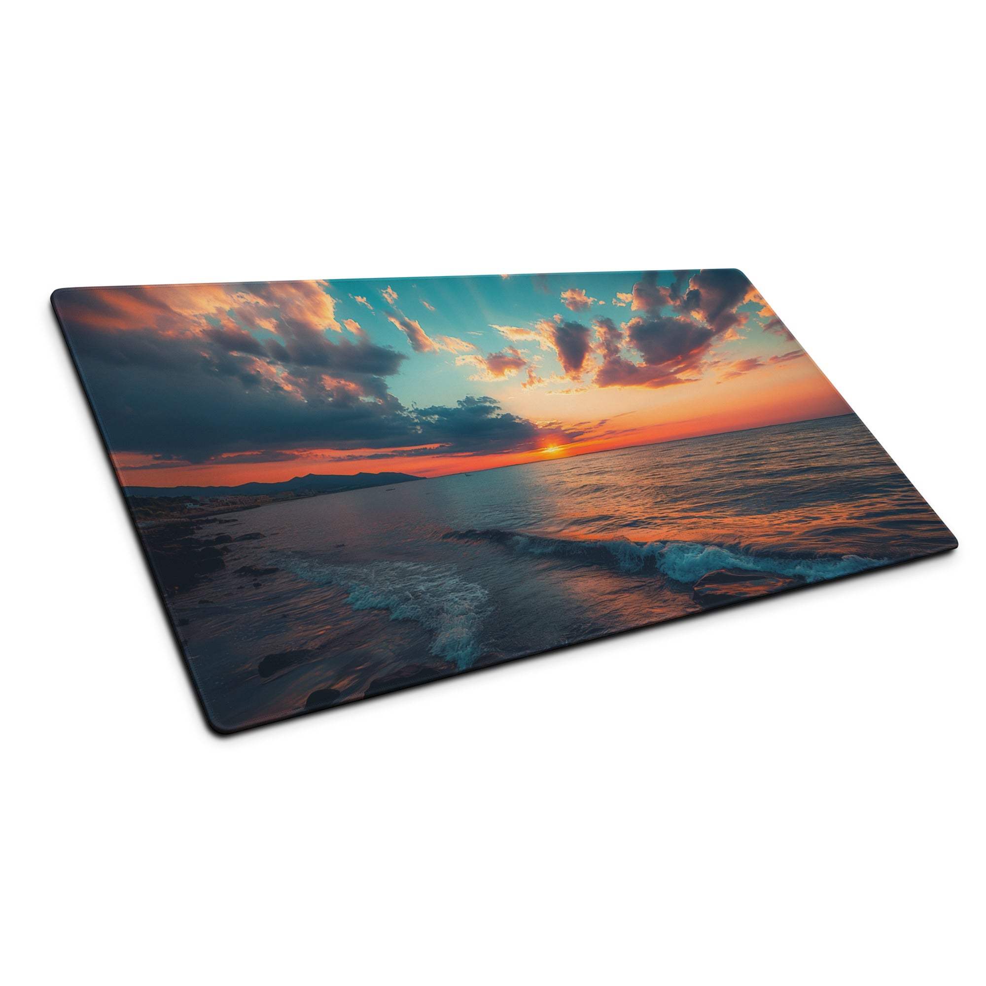 Calm ocean sunset gaming mouse pad with vibrant orange pink teal hues