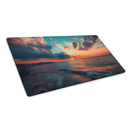 Calm ocean sunset gaming mouse pad with vibrant orange pink teal hues