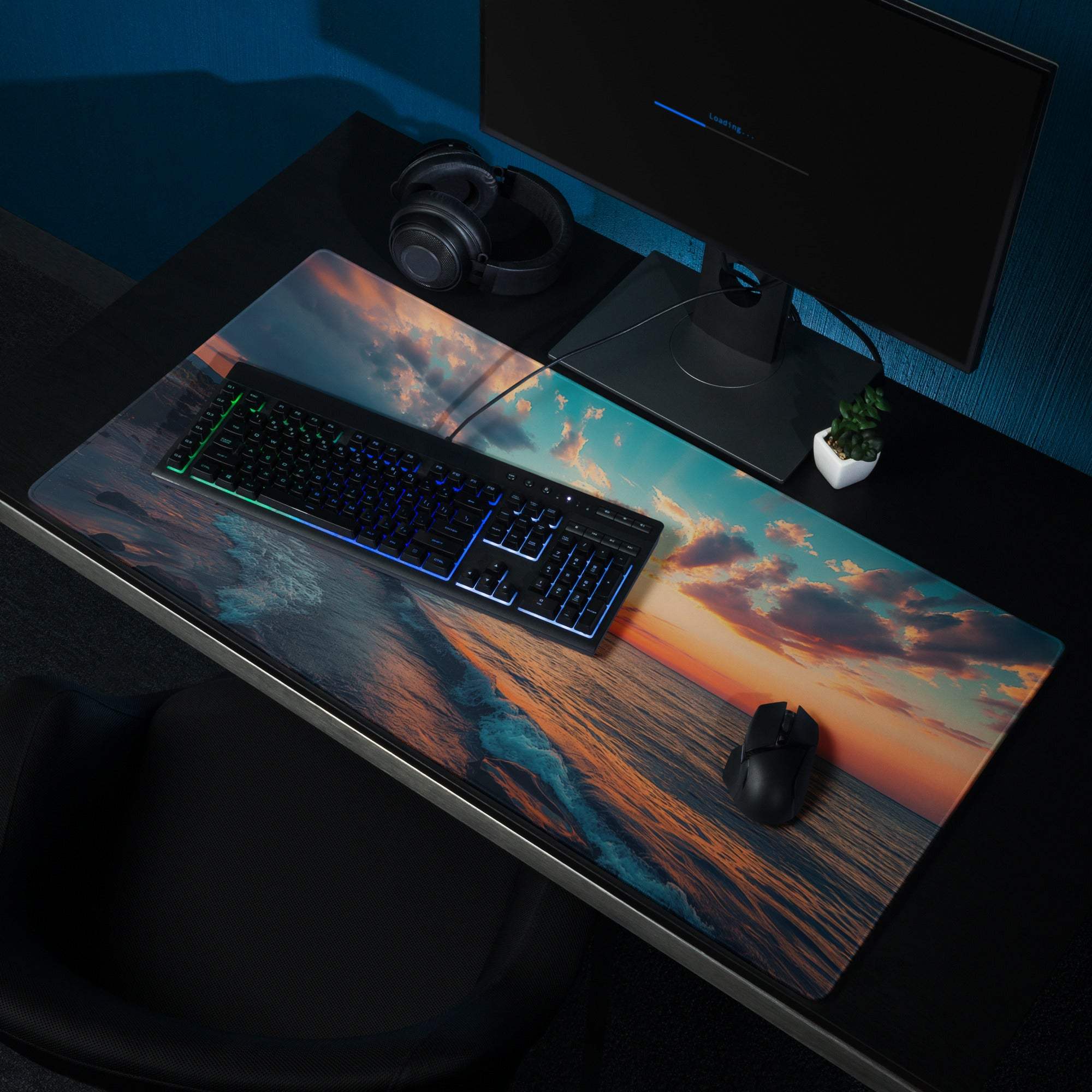 Calm Ocean Sunset gaming mouse pad with large non-slip surface