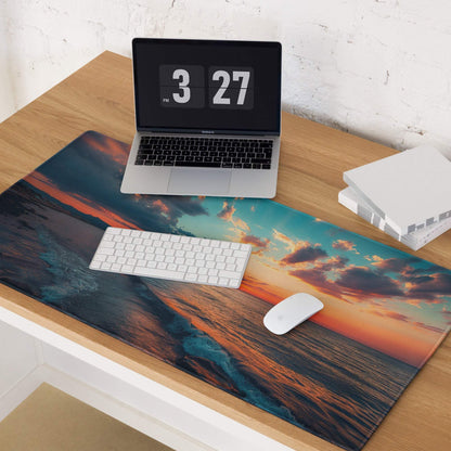 Calm Ocean Sunset gaming mouse pad with vibrant waves, non-slip backing