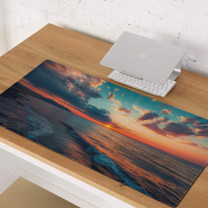 Calm Ocean Sunset gaming mouse pad with vivid sunset, non-slip backing, stitched edges