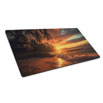 Large sunset beach gaming mouse pad with palm trees, waves, orange sky