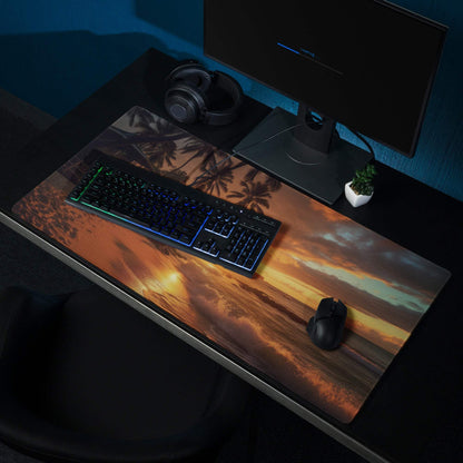 Sunset Beach gaming mouse pad with vibrant palm tree sunset design