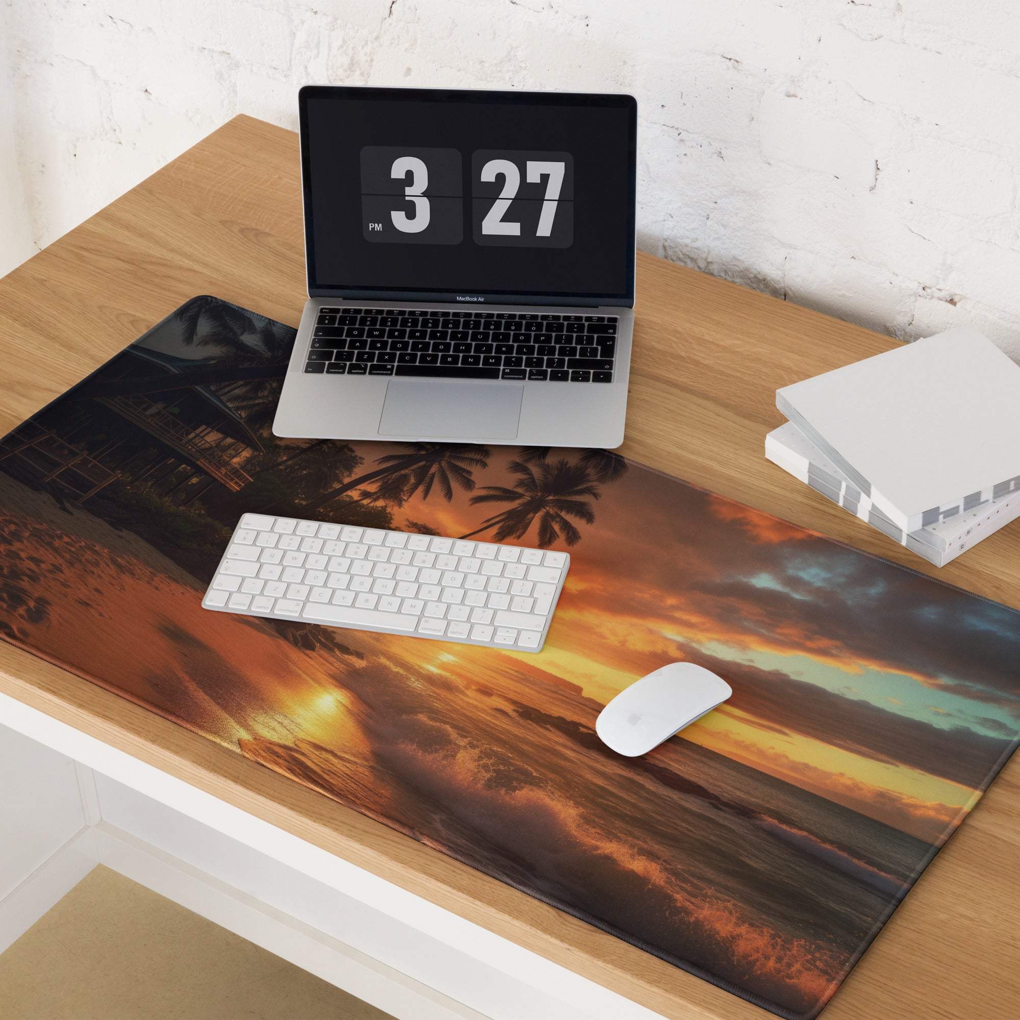 Sunset beach gaming mouse pad with ocean waves, palm trees, non-slip surface