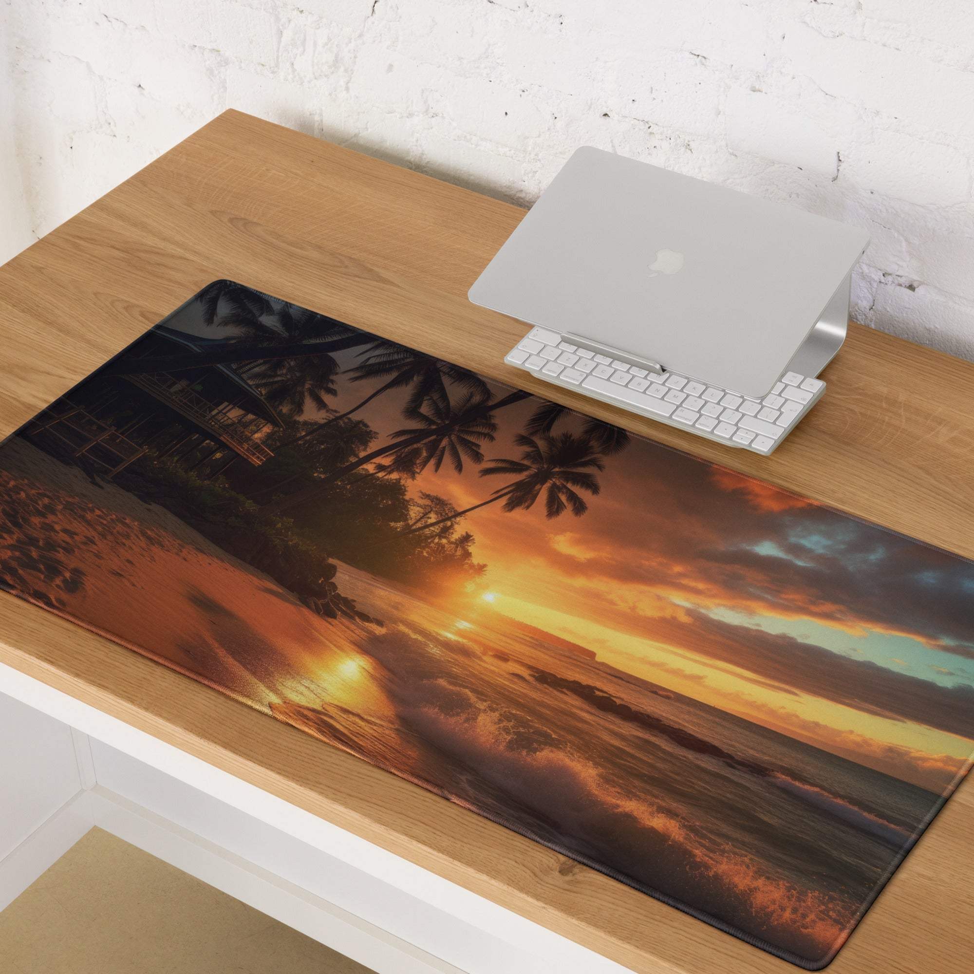 Sunset beach gaming mouse pad with ocean glow, palms, non-slip large pro pad