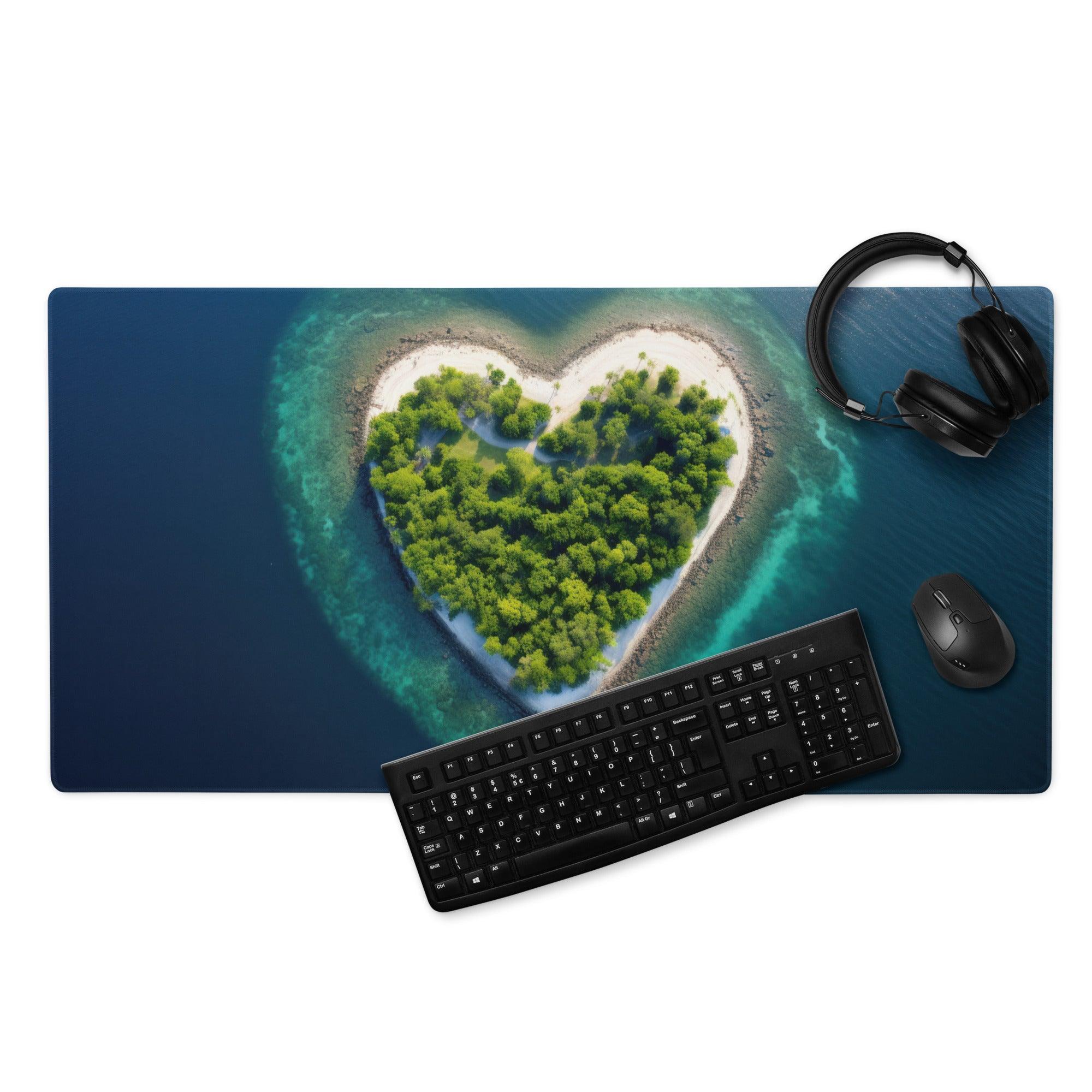 Vibrant aerial heart island mousepad with lush green trees turquoise waters gaming pad