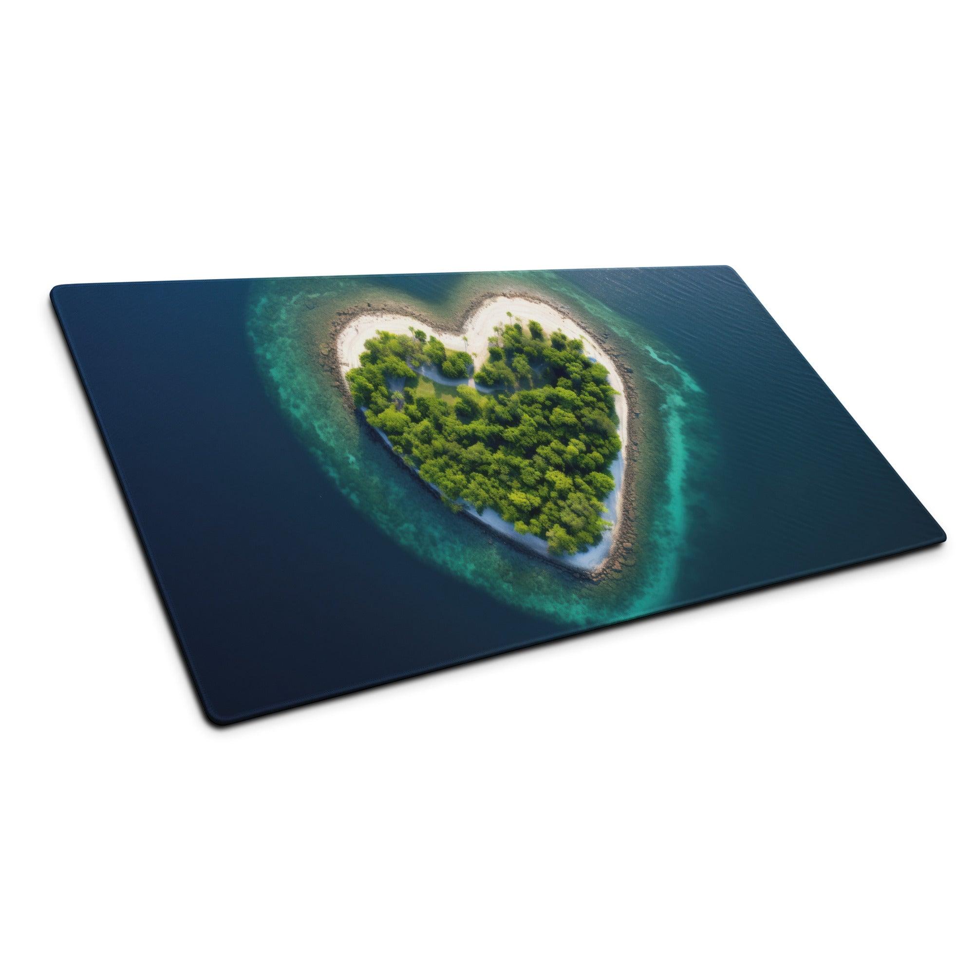 Heart-shaped lush green island mat on dark blue gaming mouse pad