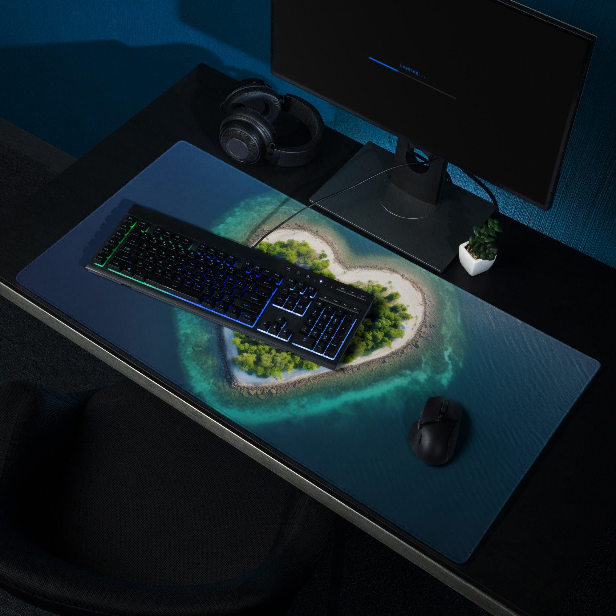 Blue heart-shaped island gaming mouse pad with calm ocean landscape