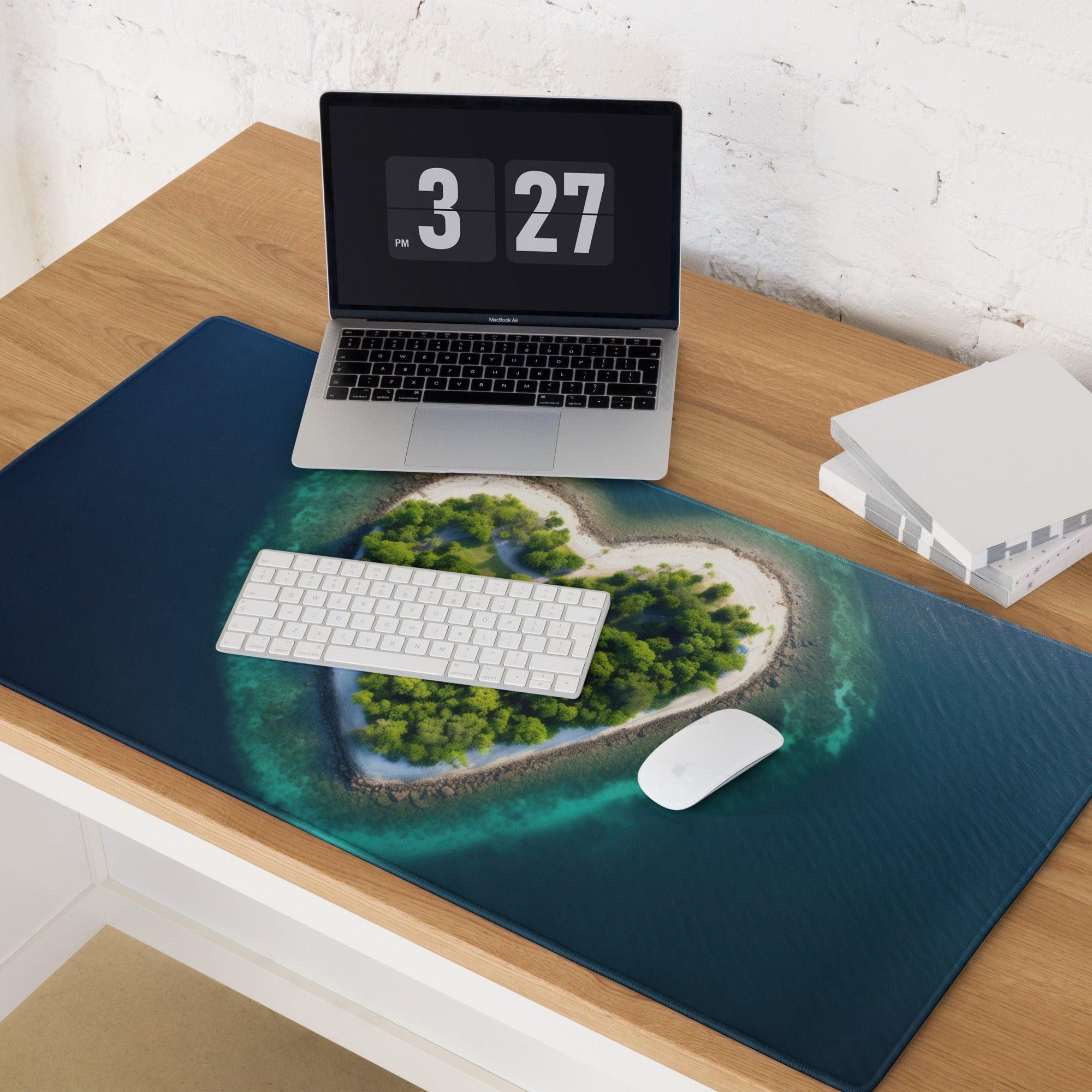 Blue heart-shaped island gaming mouse pad with calm ocean landscape
