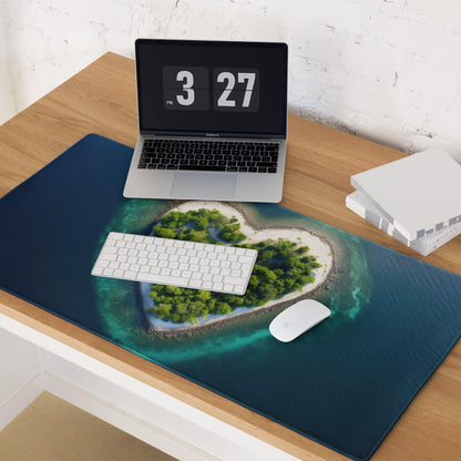 Blue heart-shaped island gaming mouse pad with calm ocean landscape