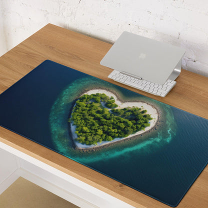 Dark blue gaming mousepad with aerial heart-shaped island in turquoise ocean