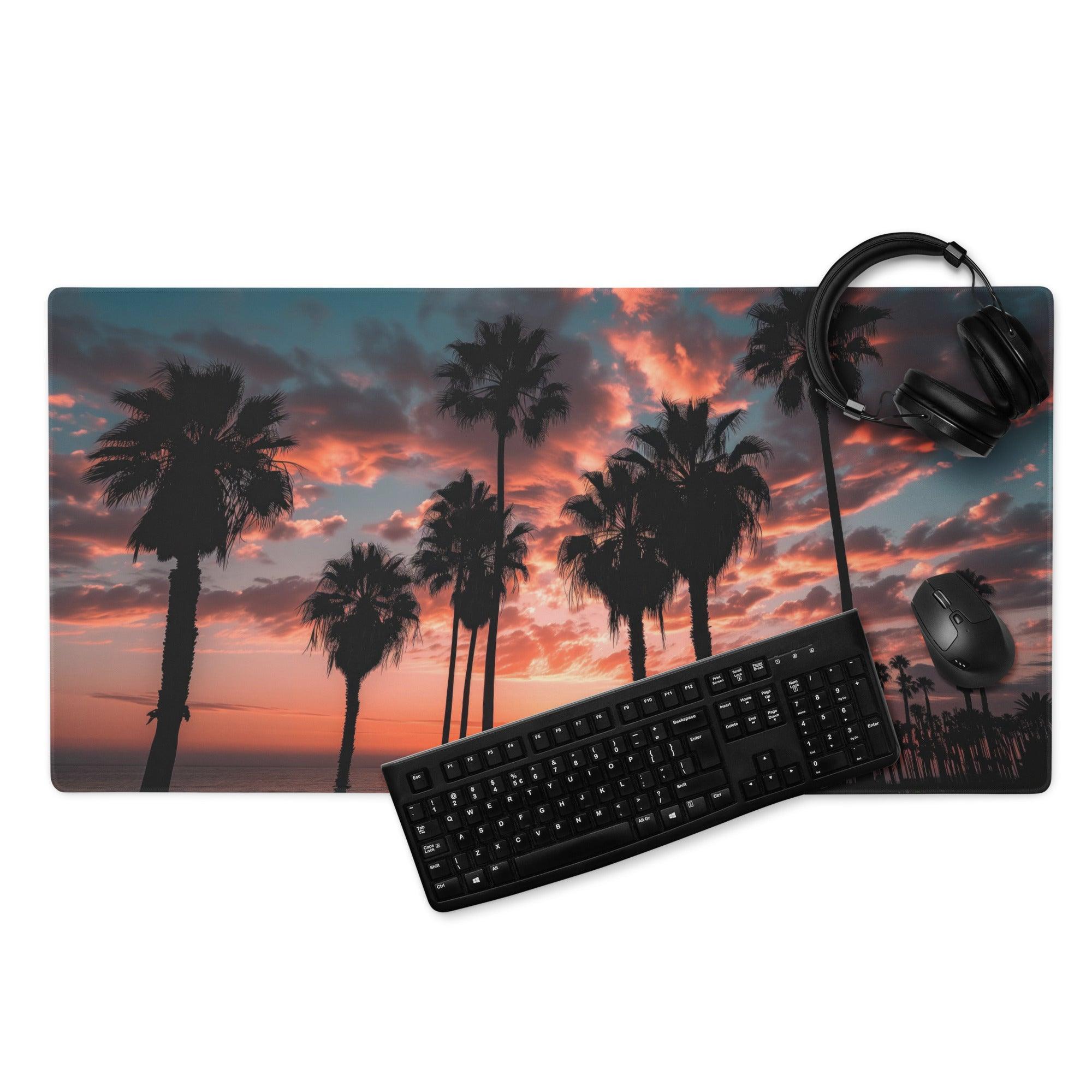 Vibrant sunset palm landscape gaming mouse pad with non-slip backing